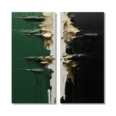 Green And Black Ink Merge - Abstract Painting Framed Wall Art, Green Abstract Canvas Print Set Of 2