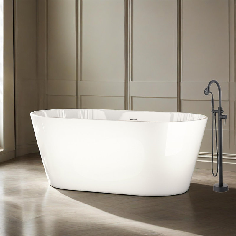 59'' Freestanding Gloss White Acrylic Soaking Bathtub With Toe-tap Chrome Drain And Classic Slotted Overflow