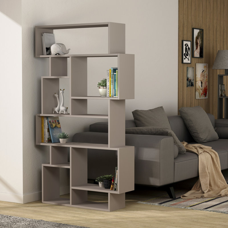 Sandra Bookcase | Asymmetric Freestanding Bookcase with 10 Compartments, Light Mocha