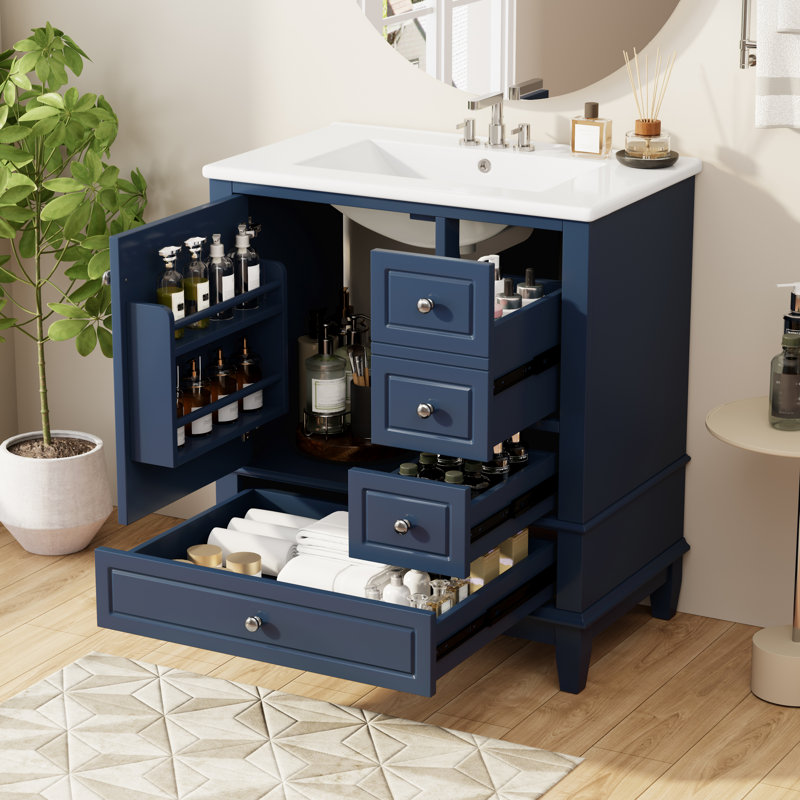 30" Bathroom Vanity with Sink, One Door with Shelf and Three Drawers, Soft Close Door, Blue