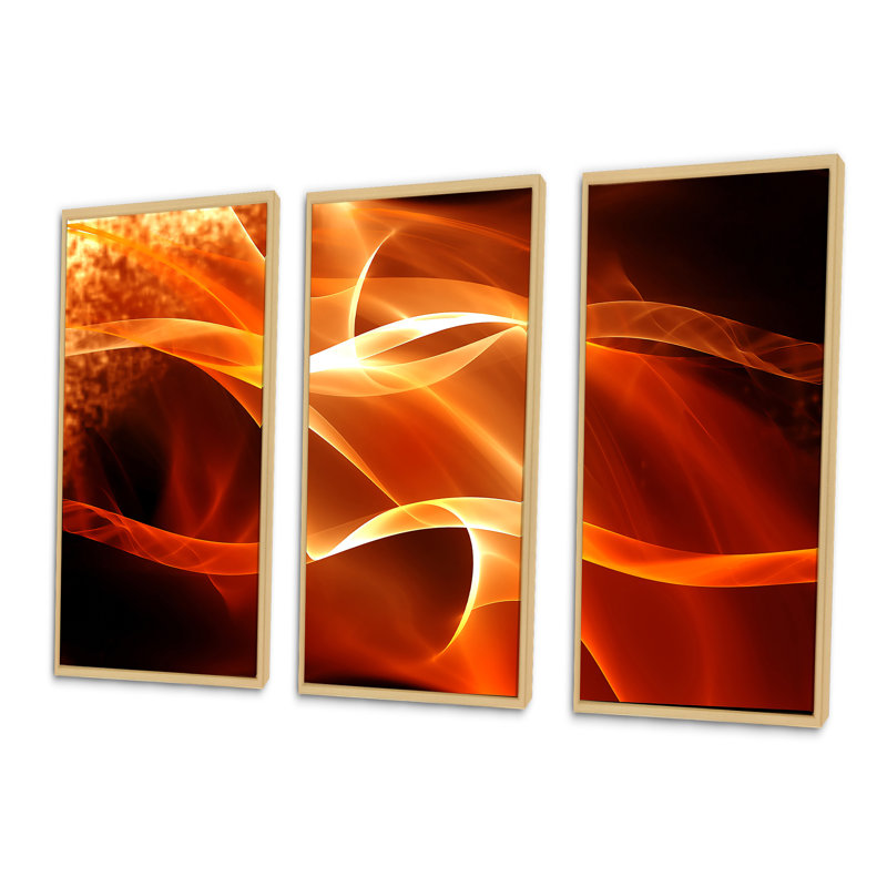 Orange abstrait vagues fractales abstraites - ensemble d'art mural encadré abstrait de 3, H 20 po x l 36 po, Encadrement brun