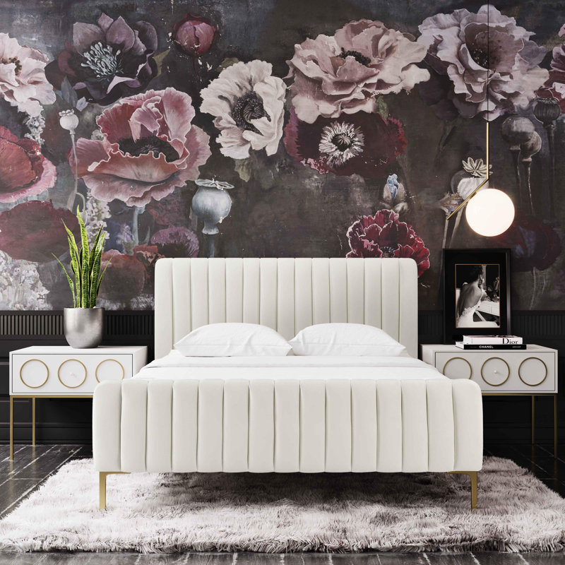 Lit plateforme tapissier Robbinsdale, Velours blanc, Grand