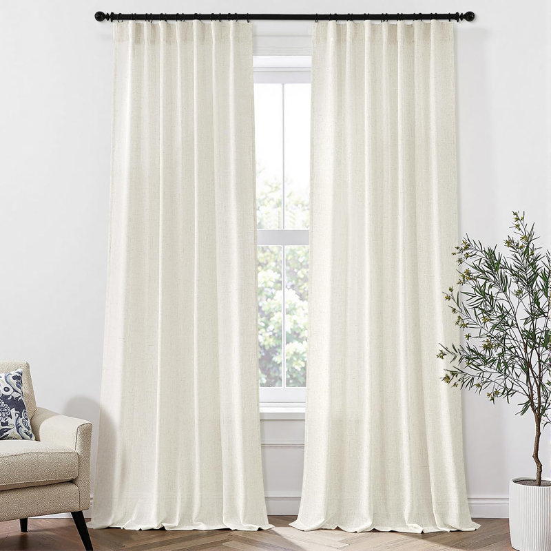 96 Inches Long Natural Linen Curtains 2 Panels, Pinch Pleated Hooks Thick Linen Textured Window Drapes Back Tab Semi Sheer Light Filtering