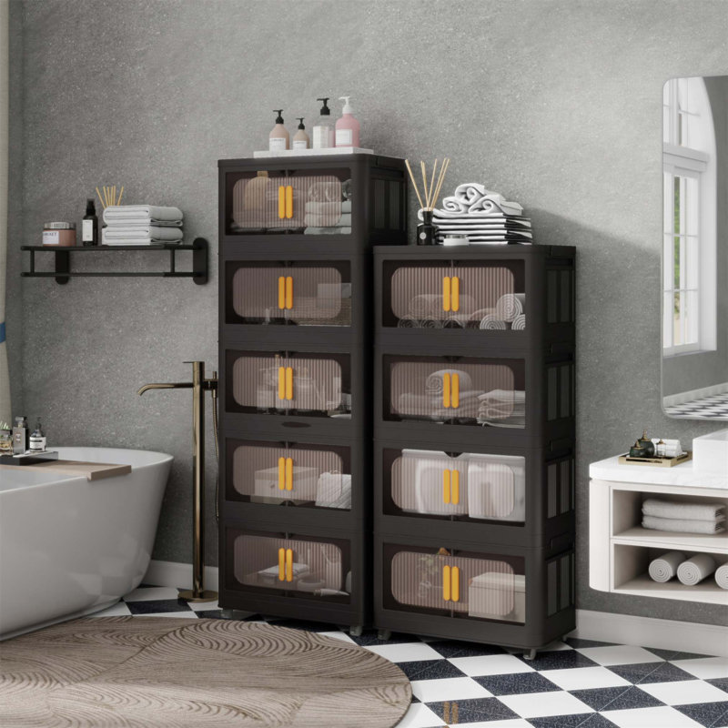 24-Inch Wide Folding Storage Cabinet with 5 Tiers, Magnetic Door, and Wheels for Easy Mobility and Organization