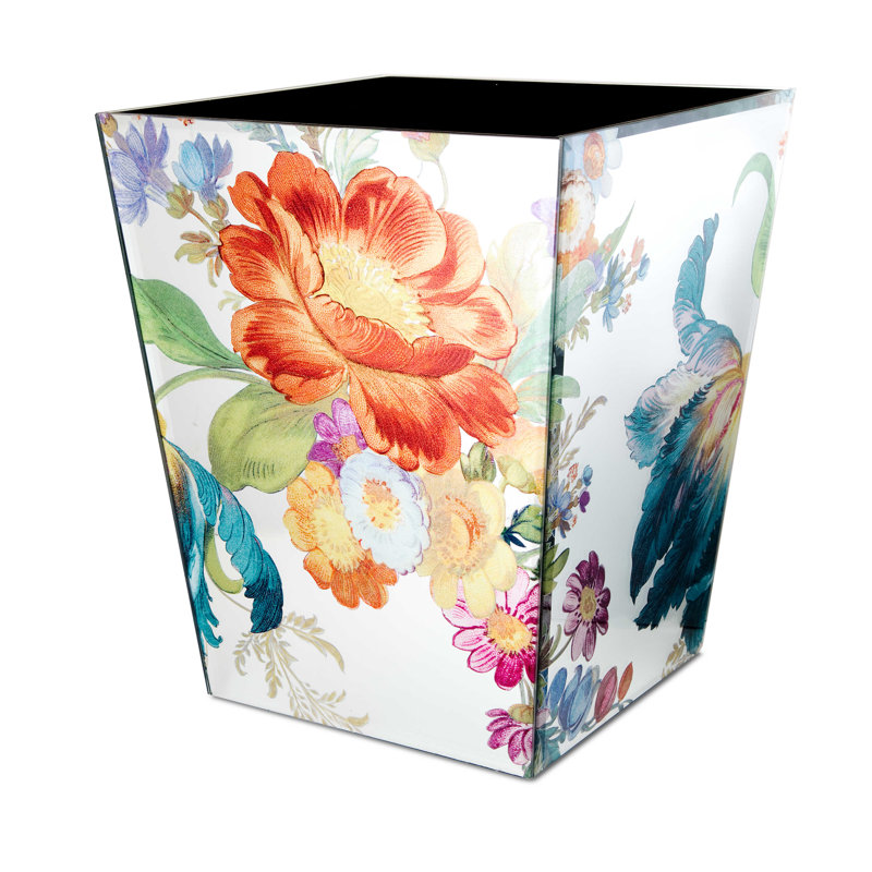 Floral Glass Waste Bin with Colorful Flower Design