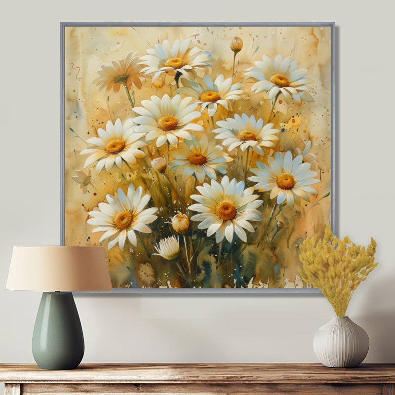 Jaune et blanc, marguerites d'été, fleurs, explosion I - marguerites, art mural, Encadrement argenté, H 30 po x l 30 po