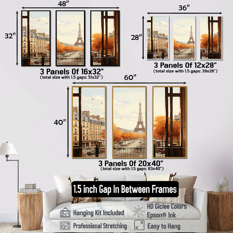 Rustic Eiffel Tower Paris Window View III - City Paris Wall Art, Gold Floater Framed, 32" H x 48" W x 1" D