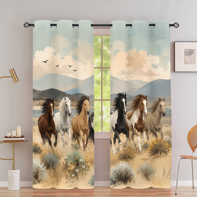 2PCS Grommet Top Blackout Curtain Drapes, Artistic Running Horse Wild Landscape Printed Fabric, Thermal Insulated Noise Reducing Window Coverings with Privacy Protection, Indoor Decor for Bedroom Living Room Kitchen