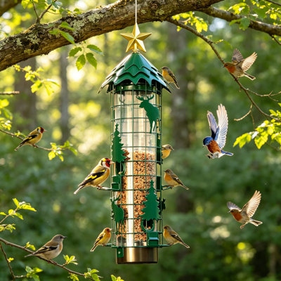 Mangeoire à oiseaux à l'épreuve des écureuils pour l'extérieur, anti-écureuil Buster suspendue en maille métallique de graines d'oiseaux sauvages avec perchoirs activés par le poids, ports d'alimentation, résistant aux intempéries