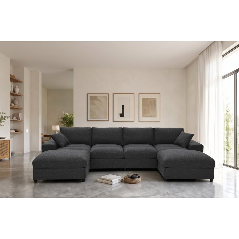 Canapé modulaire réversible avec repose-pieds Anchoretta, Lin gris et noir