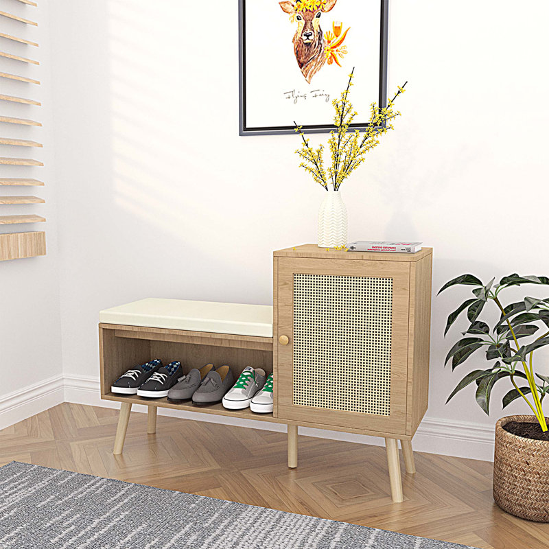 2-in-1 Shoe Storage Bench, Natural Rattan Shoe Cabinet with 2 Adjustable Shelves and Removable Seat Cushion, Modern Shoe Storage Organizer Shoe Rack