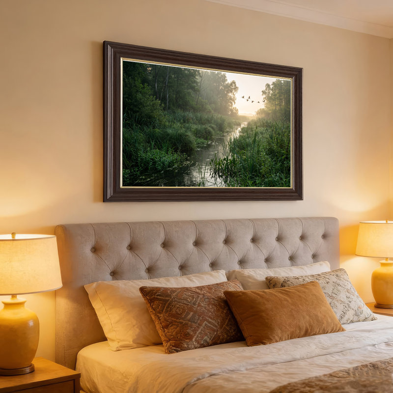 Art mural sur toile, "Misty Stream Through Green Reeds with Flying Birds", 16"H x 24"W