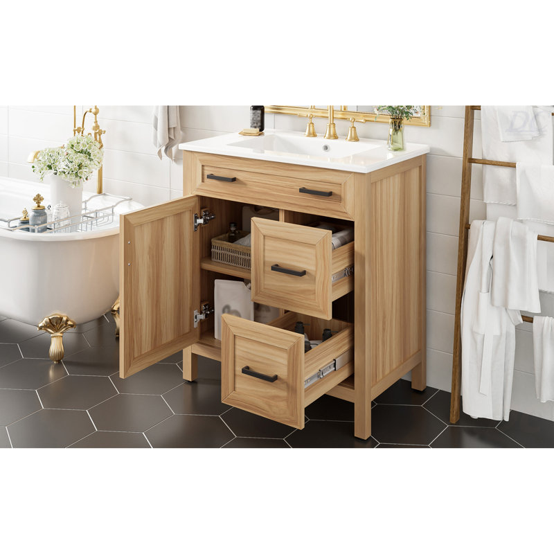 Meuble-lavabo de 30 po en bois avec cadre en bois massif, 1 porte à fermeture douce, 2 tiroirs à fermeture douce, tablette réglable, armoire de rangement moderne