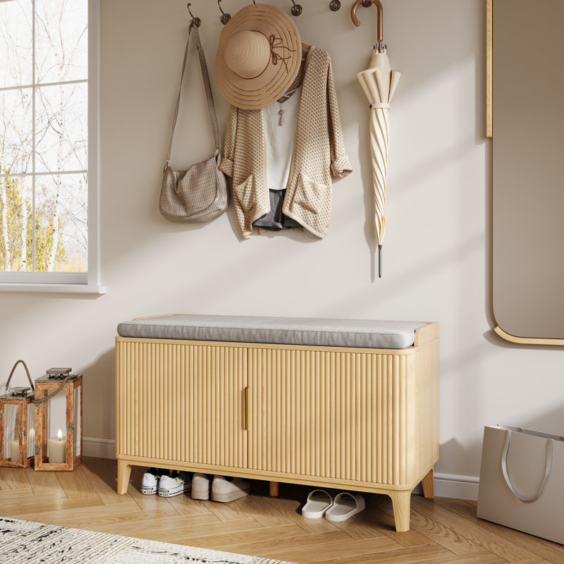 39.4" Fluted Shoe Cabinet Storage With Bench, 2-Tier Entryway Bench With Adjustable Shelves And Detachable Cushioned Seat