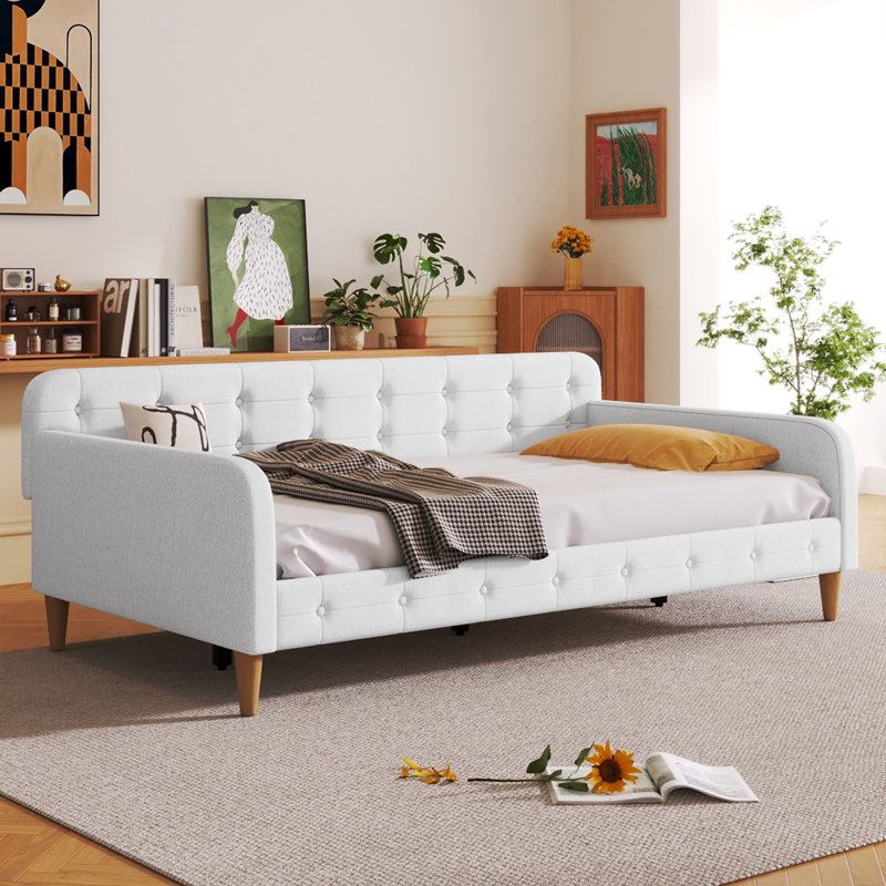 Lit de jour simple rembourré avec 4 pieds de soutien robustes, canapé-lit en tissu beige pour chambre d'amis ou chambre d'enfant