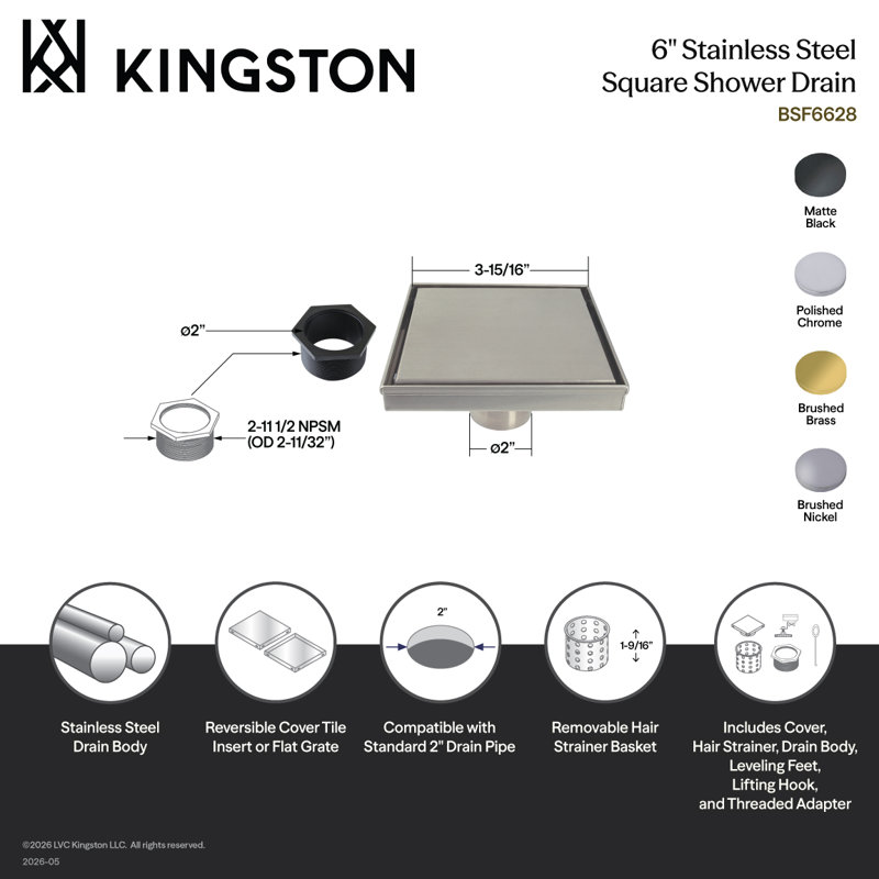 Kingston Brass Watercourse 6" Square Shower Drain, Noir mat