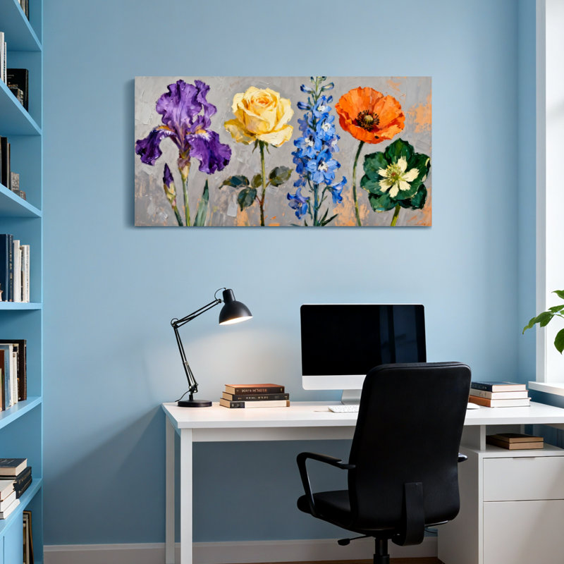 Plantes et fleurs mauve iris jaune rose bleu delphinium orange coquelicot vert, H 28 po x l 58 po