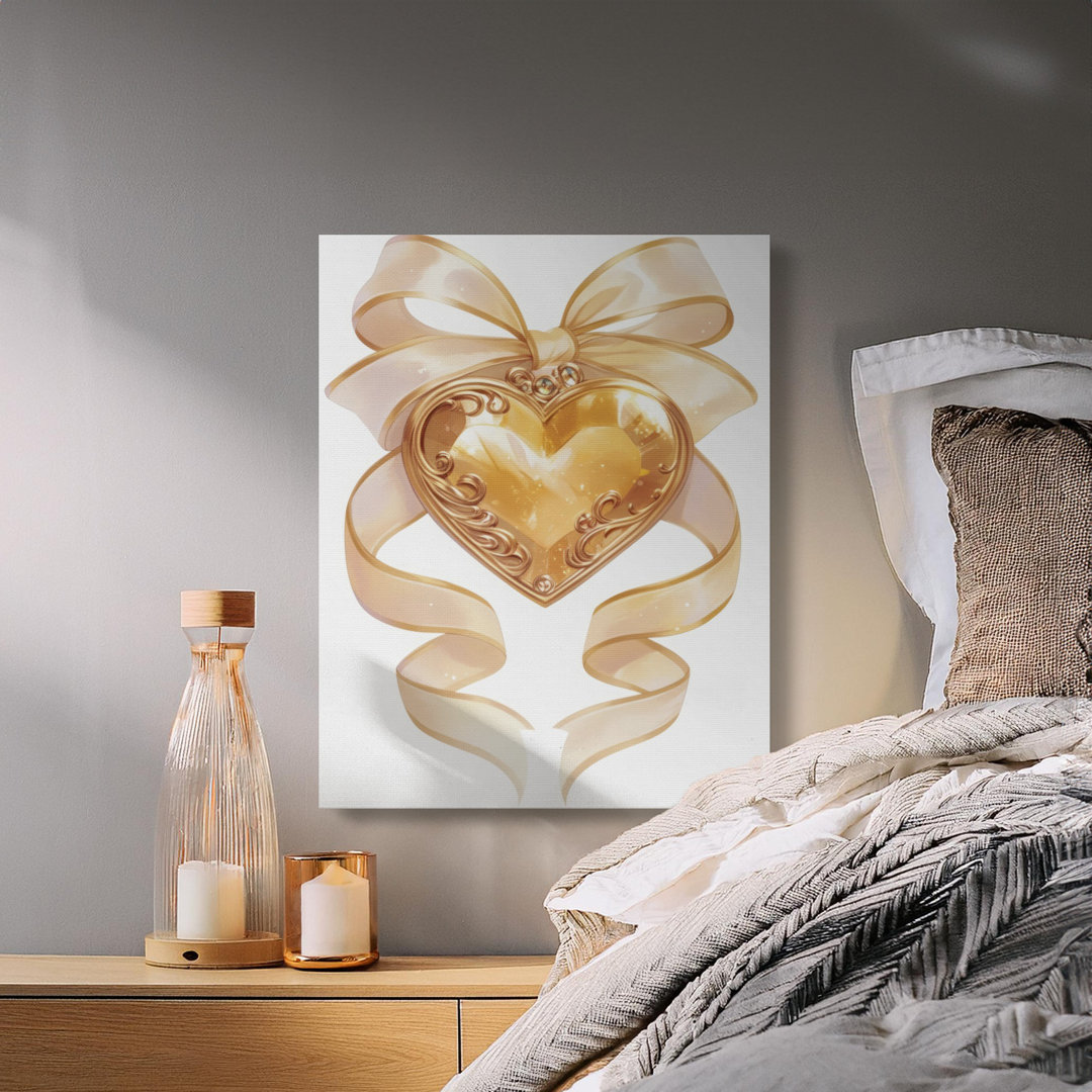 Romantic Gold Heart Locket Bow Canvas Art