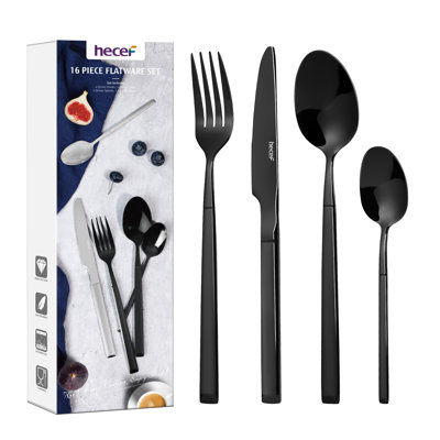 Hecef 16-Piece Stainless Steel Flatware Set For 4 – Polished Black Titanium-Coated 18/0, Dishwasher Safe