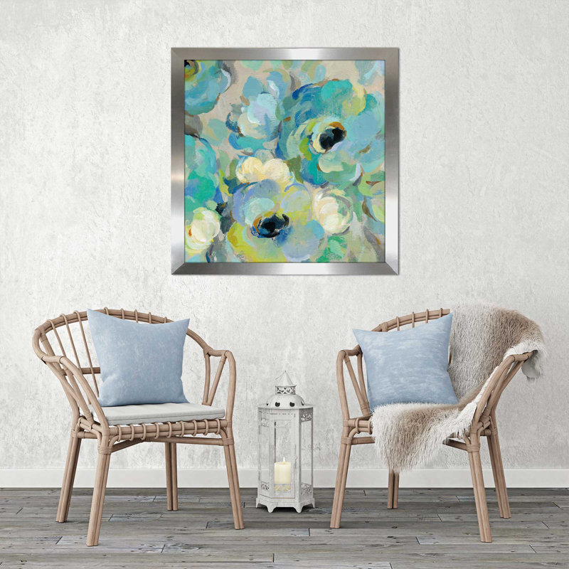 «Fresh Teal Flowers III», reproduction de peinture acrylique, H 21,5 po x l 21,5 po x P 0,75 po, Encadrement argenté