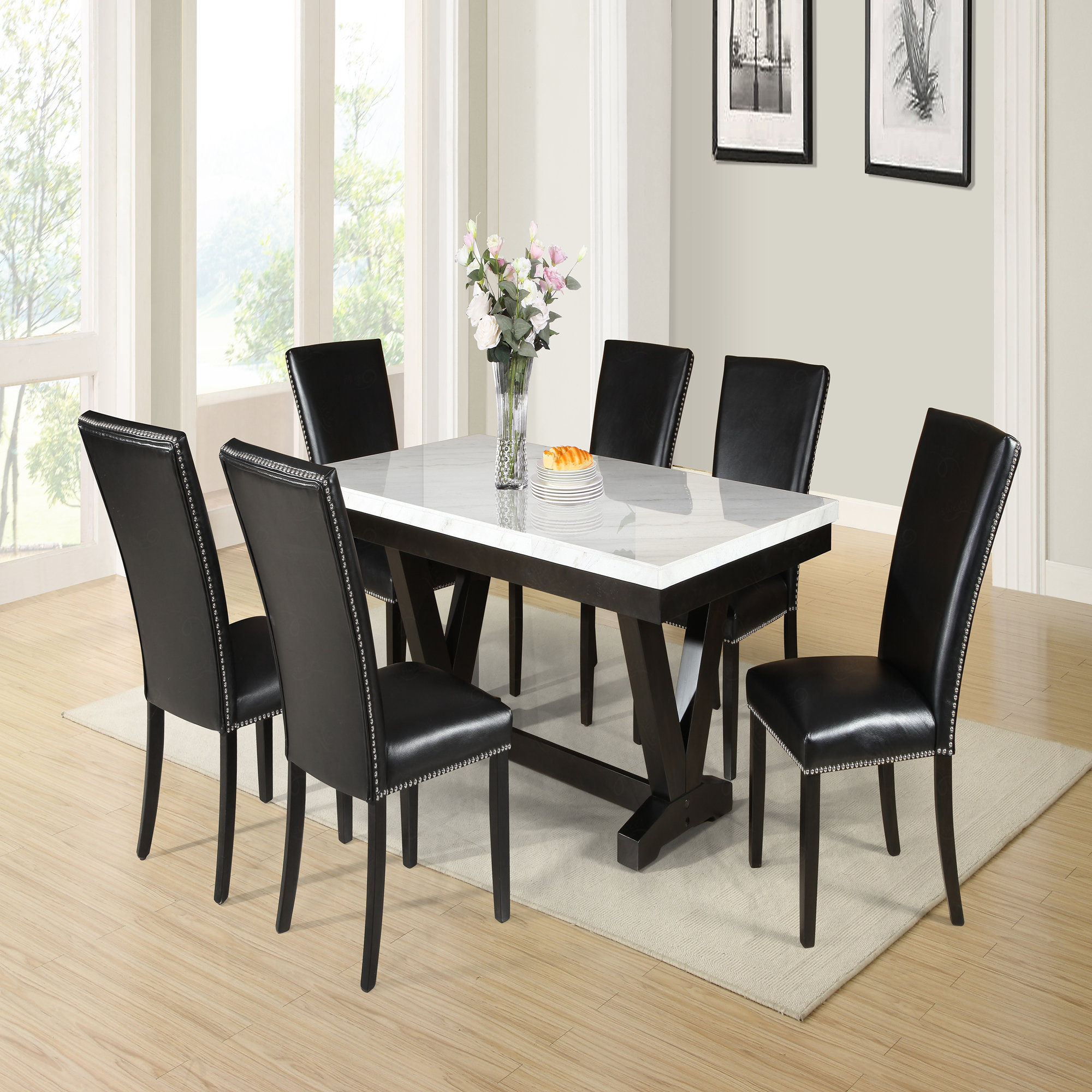 17 Stories 7 Piece Dining Set (White Table & Black Chair) | Wayfair