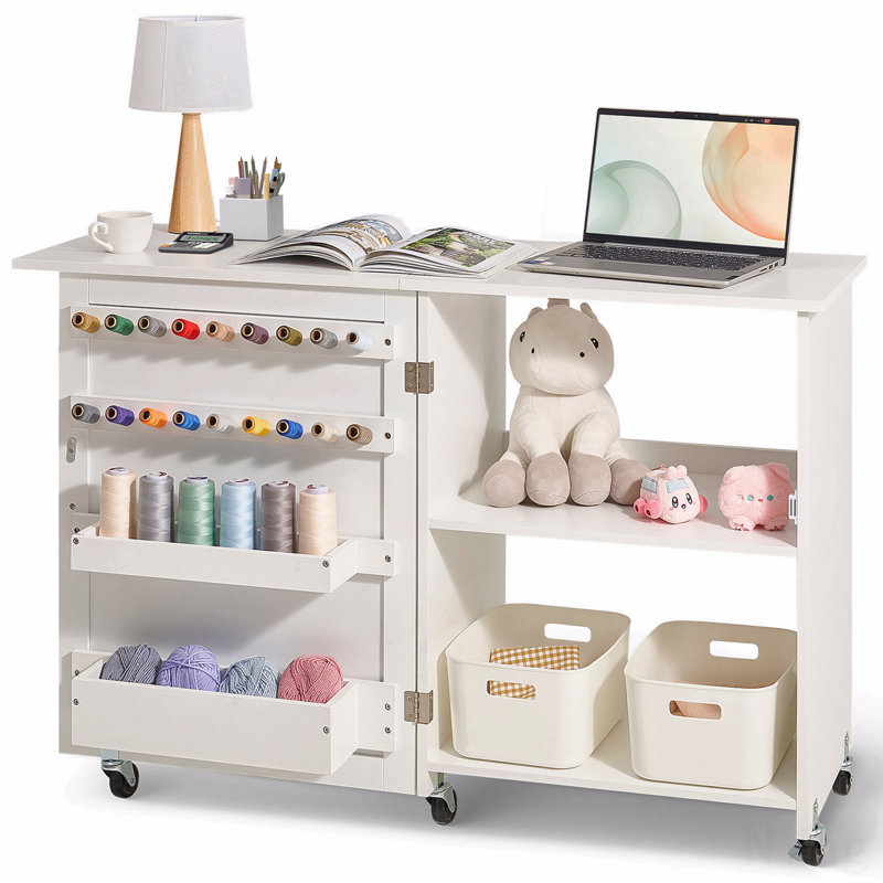 Folding Sewing Table With Lockable Wheels Storage Shelves Trays Door White