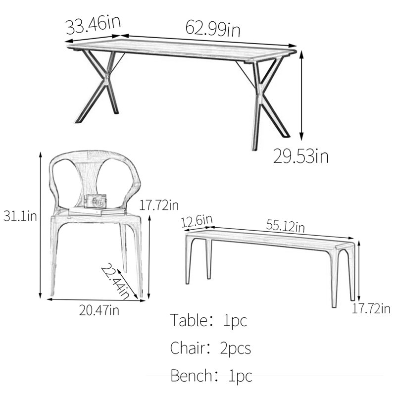 Walnut all solid wood dining table set, 29.53"H x 62.99"L x 33.46"W