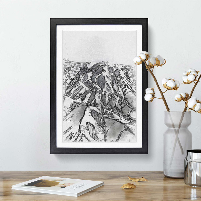Mountain Range in Afghanistan in Abstract - Picture Frame Drawing Print, 48cm H x 36cm W x 2cm D, Black Framed