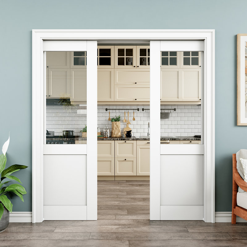 Porte intérieure double vitrée 72 po x 80 po à demi-verre transparent, plaque de porte en verre trempé sécuritaire, pouvant être peinte et imperméable, comme portes de buanderie, portes de placard, portes de pièce