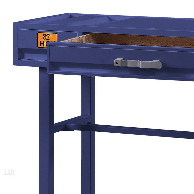 Bureau d'écriture de style industriel bleu avec 1 tiroir, panneaux encastrés et arrêt de sécurité pour les espaces de travail modernes.