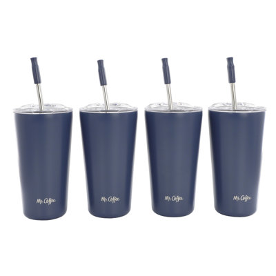 Mr. Coffee 4-Piece Set 16 Ounce Double Wall Stainless Steel Tumbler with Stainless Steel Straw