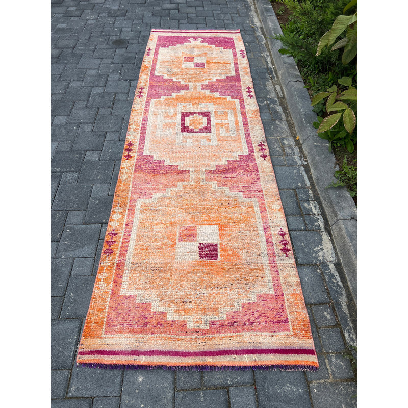Tapis de couloir rétro en laine orange géométrique 3,2 x 10,7 pi