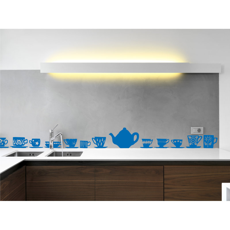 Décalcomanie murale tasses de thé, H 23 po x l 24 po x P 0,01 po, Bleu azur