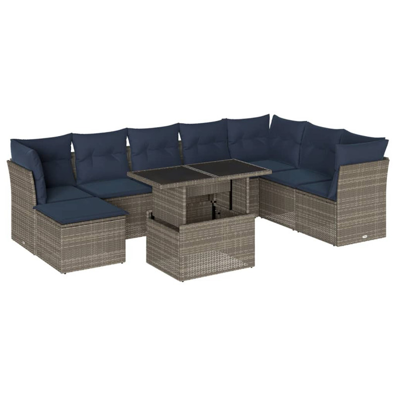 Ensemble de canapé de patio 9 pièces avec coussins en rotin de polyester, Gris, Marine