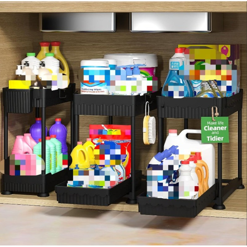 Ensemble de 3 organisateurs sous évier, étagères de rangement coulissantes à 2 niveaux, armoire de cuisine et de salle de bain polyvalente avec crochets et pieds antidérapants