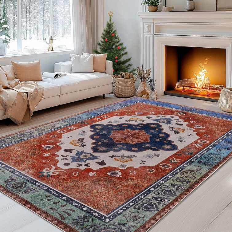 Machine Washable Indoor&Outdoor Area Rug Non-Slip Backing Red Vintage Low Pile Rug for Living Room Bedroom Dorm Hotel
