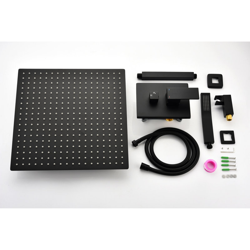 Douche de plafond - Noir mat. Tête en laiton de 16 po. Offre une expérience de pluie naturelle. La buse autonettoyante empêche la sortie d'eau de se boucher. S'adapte au tuyau standard américain. 14,6 po x 6,04 po, 12,11 lb