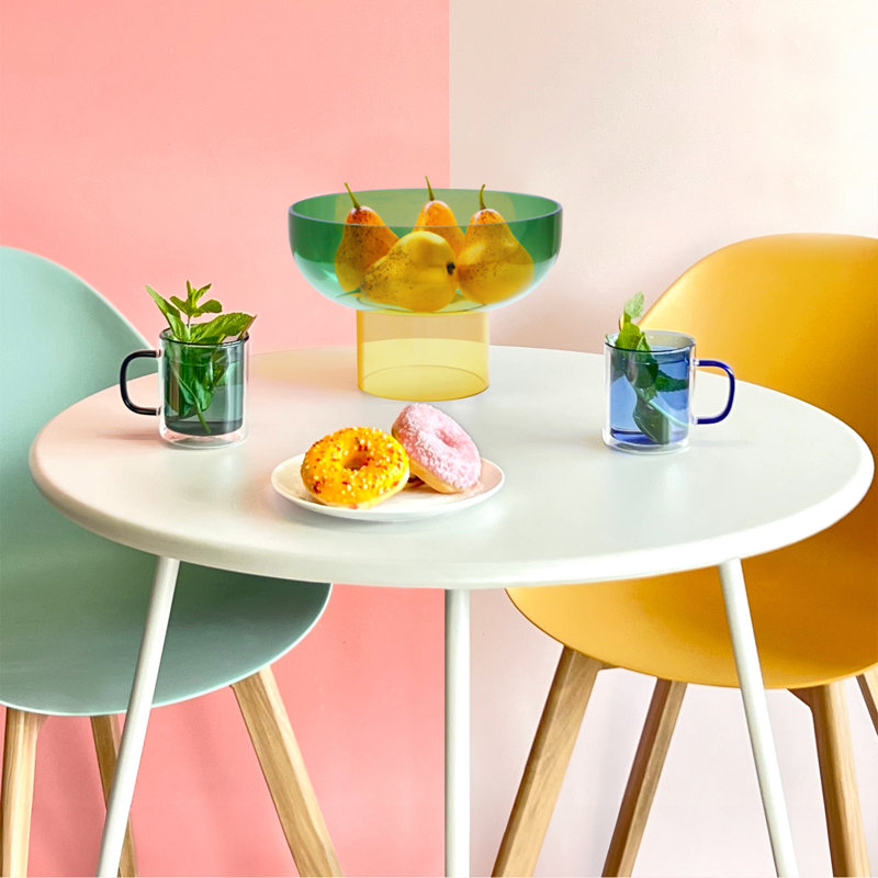 Grand bol vert et jaune avec plateau en verre