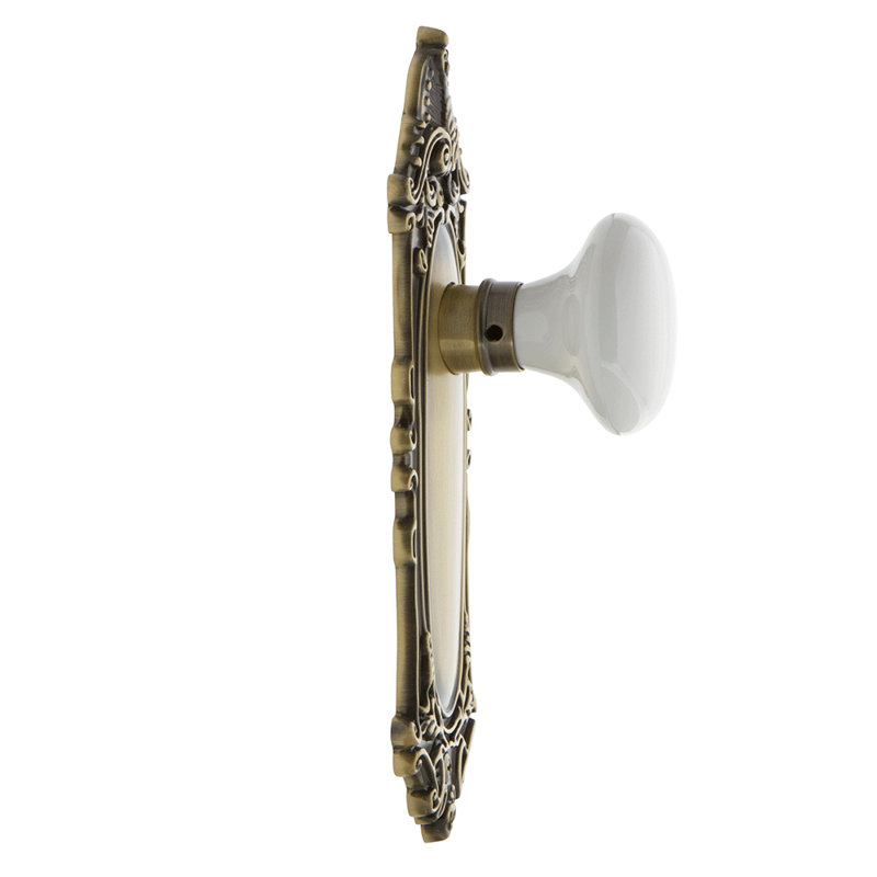 Victorian Plate with White Porcelain Door Knob, Antique Brass, 2-3/4”