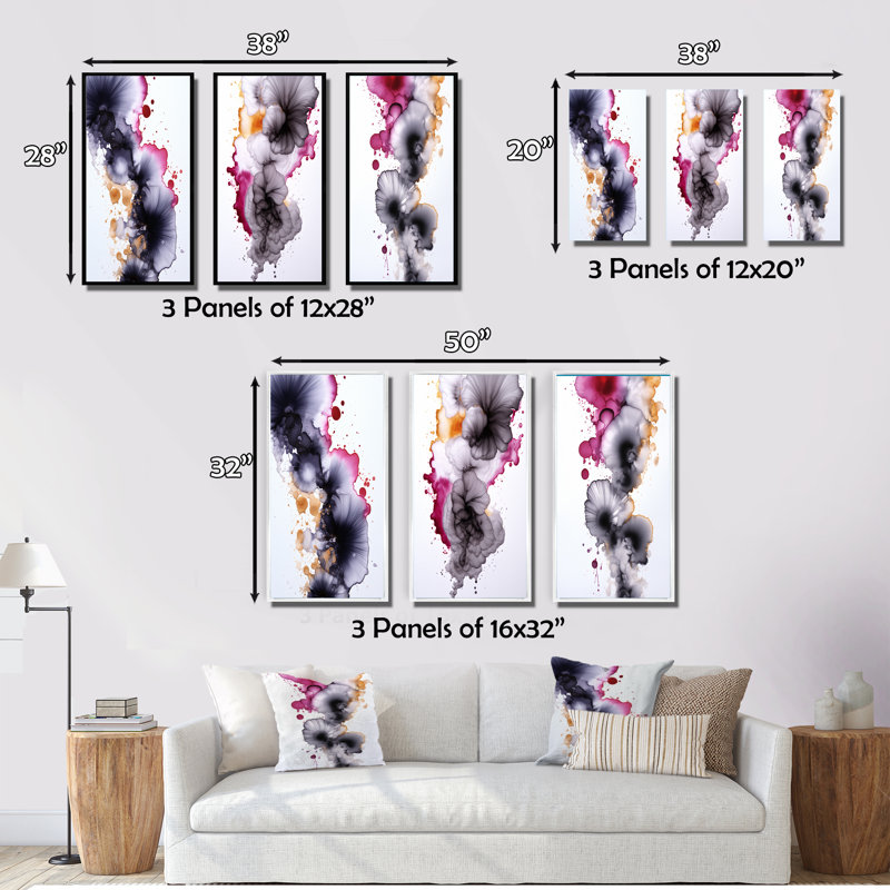 Delicate Fluidity Magenta And Gold Ink Clouds IV - Abstract Painting Art Set Of 3 Pieces, Encadré naturel, H 28 po x l 36 po