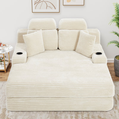 63.8" Oversized Compression Corduroy Chaise Lounge, Deep Seat Sleeper Sofa with Headrest, Cup Holder & Side Pocket, No Assembly Required