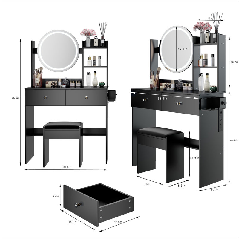 Meuble-lavabo à miroir rond de 17 po à DEL avec tabouret rembourré, équipé de 2 prises CA + 2 prises USB, grand miroir, interrupteur tactile, 3 couleurs, luminosité réglable, grand bureau, rangement multicouche à grande capacité