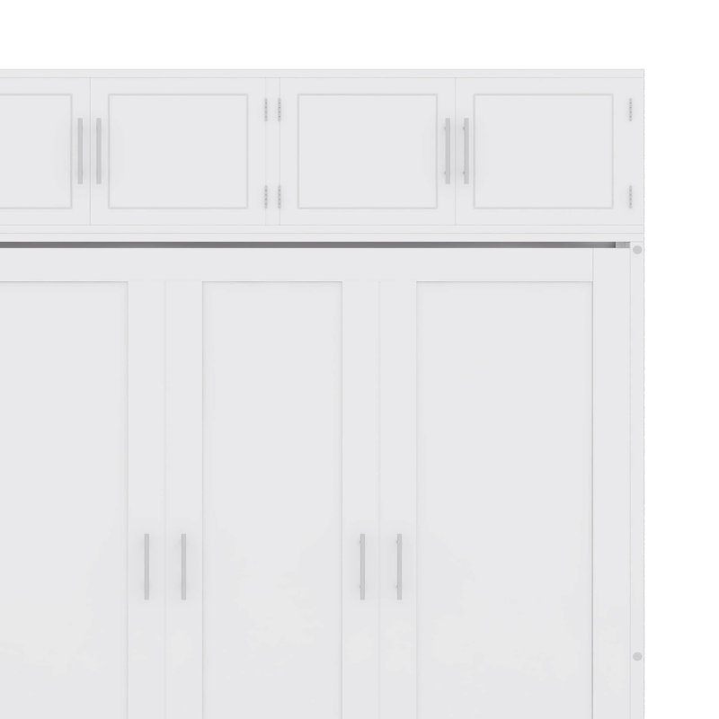 Grand lit escamotable mural avec bureau, armoire supérieure et tablettes de rangement, lit pliant peu encombrant, Blanc