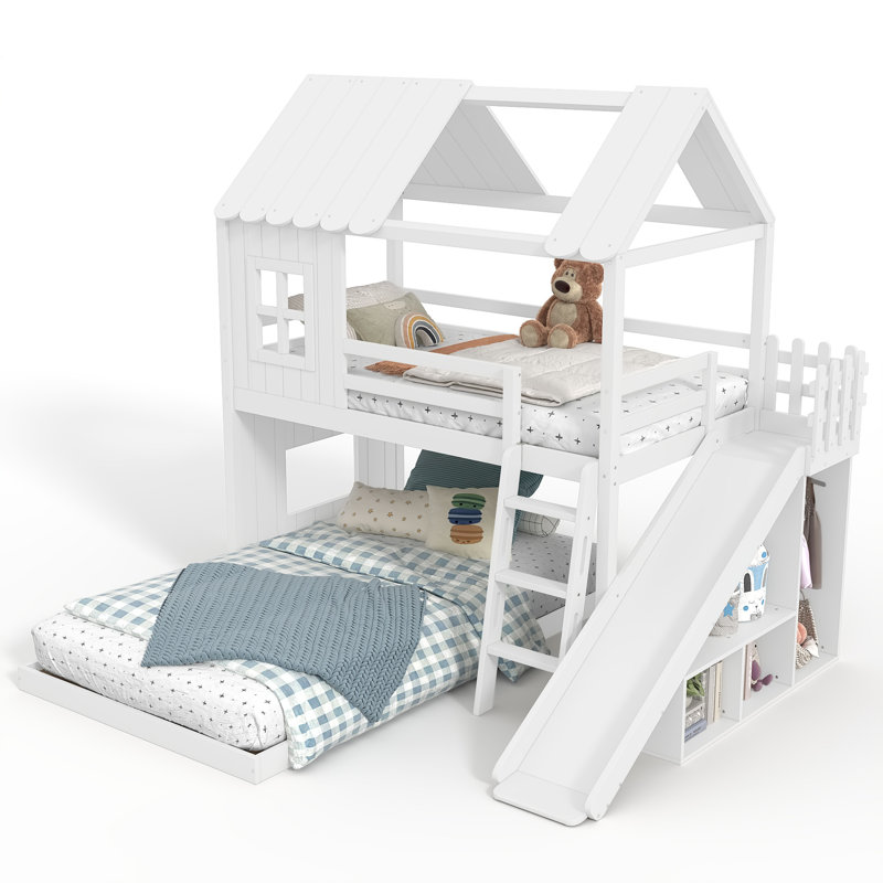Lit superposé simple au dessus d'un lit double en bois massif avec tablettes, garde-robe et glissade, Twin Over Full, Blanc