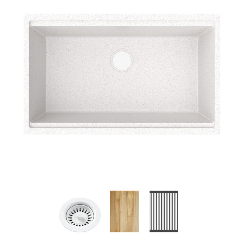 Quartz Classic 33" x 22" x 9-1/2" Single Bowl Undermount Workstation Sink 4pc Kit White