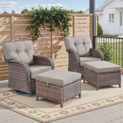 Chaise berçante d'extérieur pivotante avec 2 repose-pieds - Ensemble de conversation 4 pièces en osier avec coussin épais Cofort