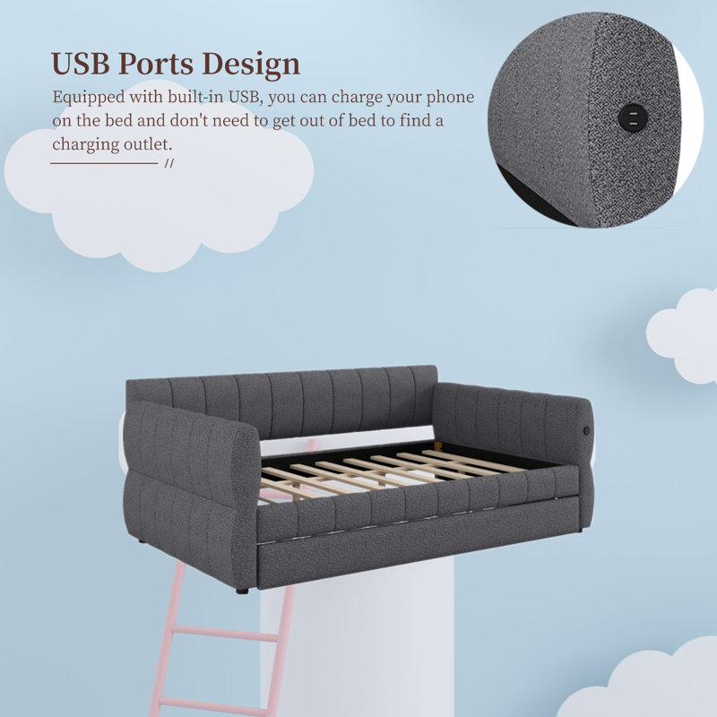Queen Size Upholstered Platform Bed with Trundle Bed, Gray