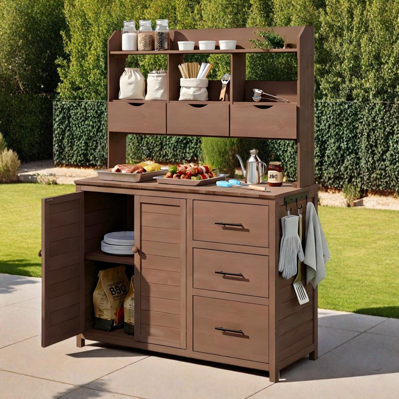 Farmhouse Patio Potting Bench with Drawers, Cabinet, and Side Hook, Outdoor Garden Workstation, Brown