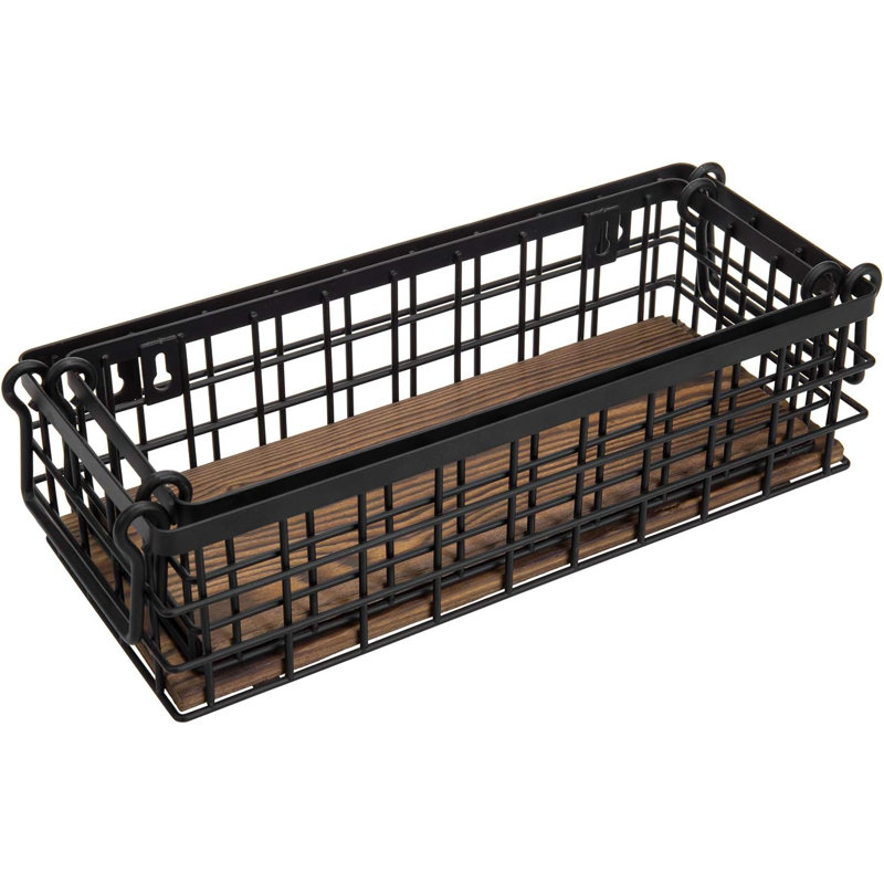 Wall Mounted Or Tabletop Rustic Black Metal Wire And Burnt Wood Small Decorative Storage Baskets With Handles