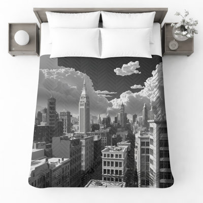 Couvre-lit matelassé noir et blanc Cityscape toutes tailles
